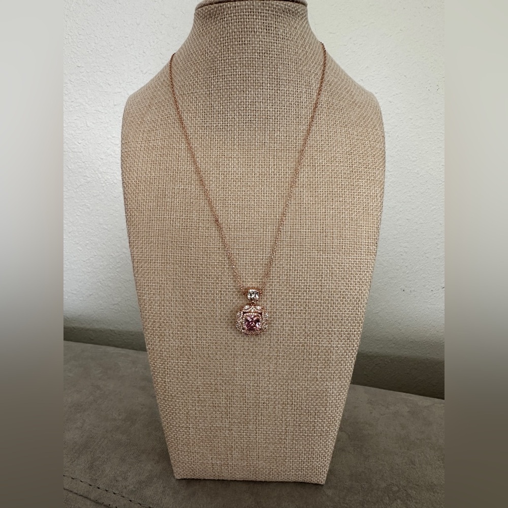 Rose gold, created pink sapphire with CZ accents fashion necklace 17”